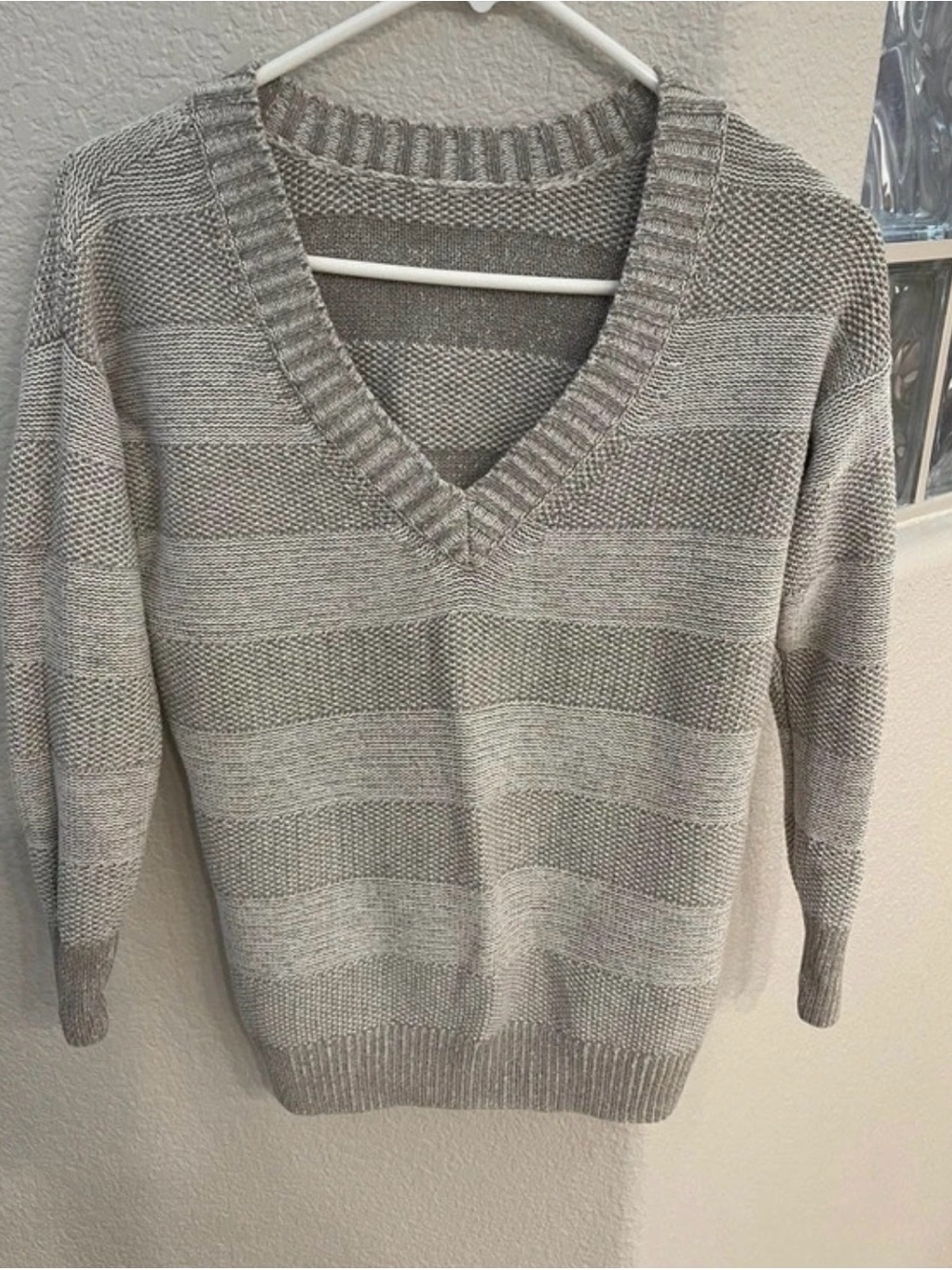 BCBGeneration Women's V-Neck Striped Knit Sweater in Gray and Light Gray